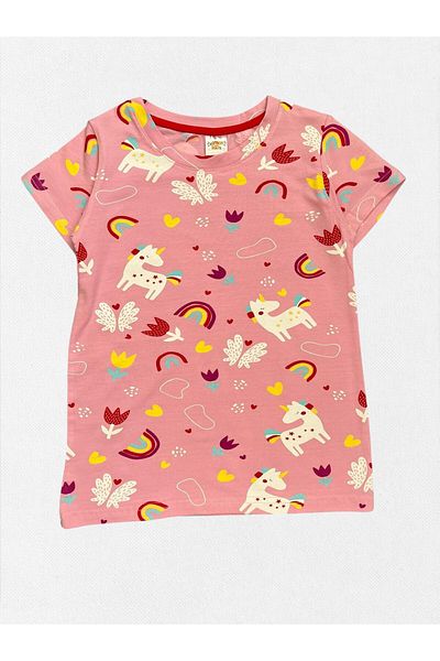 elmas kids Girl's 100% Cotton Rainbow Horse Flower Unicorn Patterned Pink Short Sleeve Seasonal Pajama Set