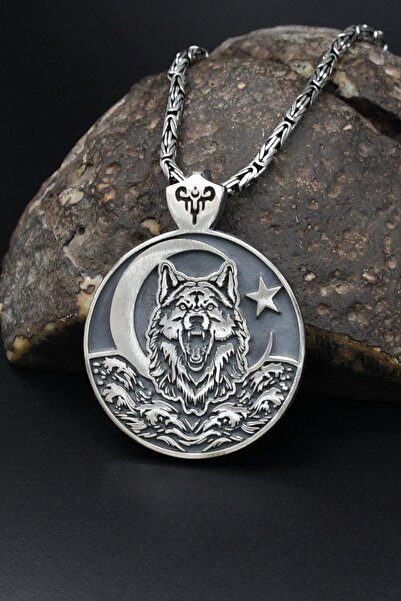 Prestige Bozkurt (Kurt) Ve Ay Yıldızlı (AyYıldızlı) 925 Ayar Gümüş Kolye Kral...