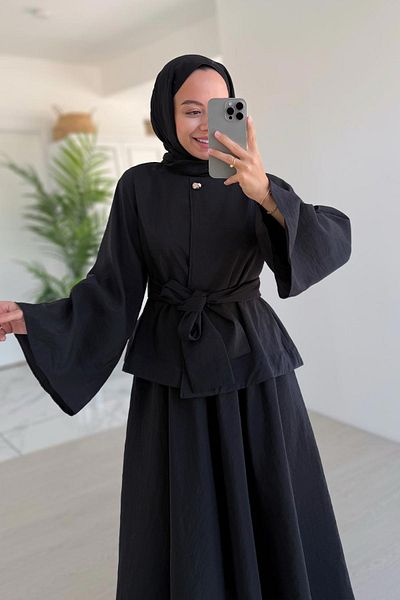 Ka Hijab Spanish Sleeve Girdle Detail Skirt Suit - Black