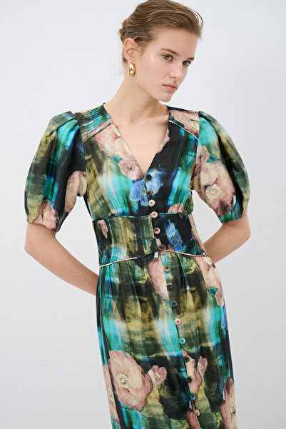 adL Desenli V Yaka Elbise