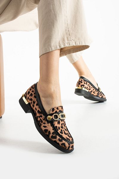 Güllü Shoes Leopard Patterned Satin Loafer Women's Shoes-Gold Chain Detail, Casual and Stylish, Comfortable Comfort Sole
