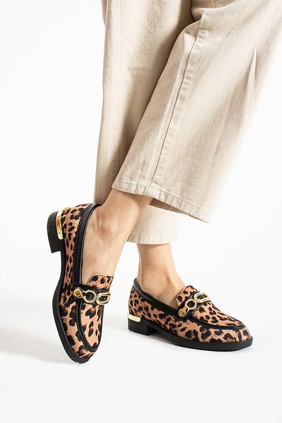 Güllü Shoes Leopard Patterned Satin Loafer Women's Shoes-Gold Chain Detail, Casual and Stylish, Comfortable Comfort Sole