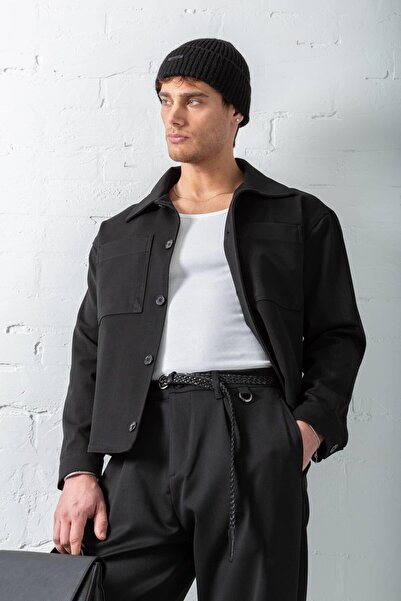 ablukaonline Men's Boxy Fit Slim Jacket with Front Pocket Black