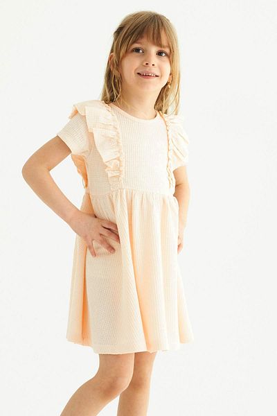 zepkids Crew Neck Ruffled Waist Gathered Ecru Color Girl's Dress
