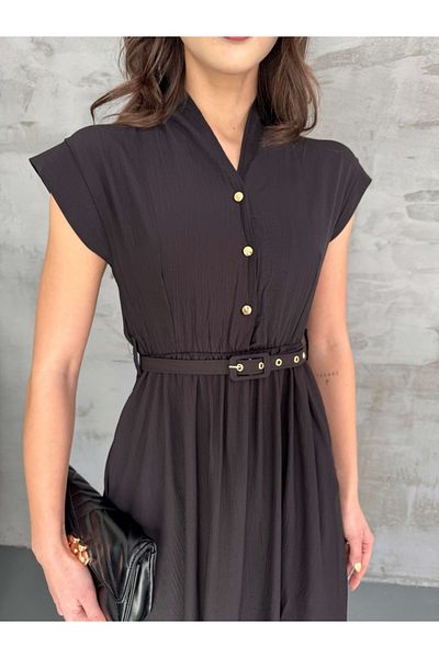 Elif Özbey Butik Rochie cu curea neagră cu nasturi aurii