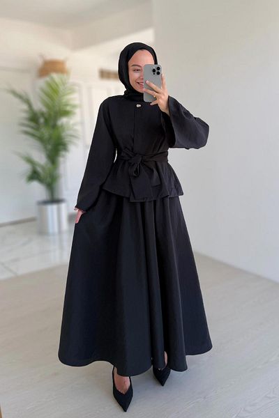 Ka Hijab Spanish Sleeve Girdle Detail Skirt Suit - Black