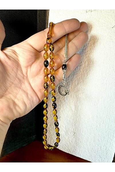 Anemore Collection مسبحة كهرمان النار باللون الأصفر والأسود قطع بيضاء T-192