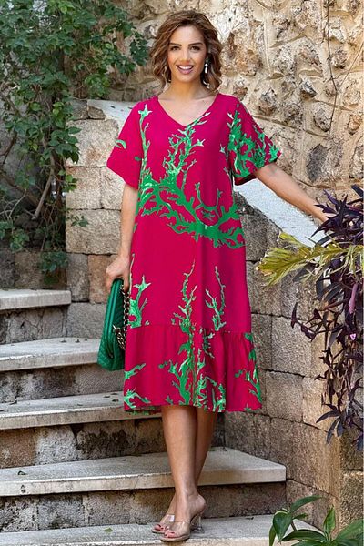 Nevin Kaya Moda Φούστα με λαιμόκοψη σε ροζ κοραλί με βολάν 100% βαμβακερό φόρεμα