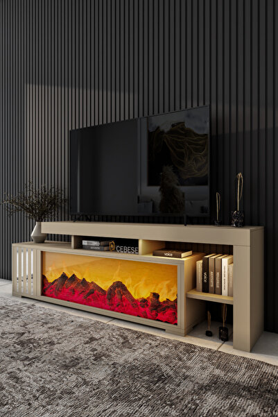 ROZIA Dekoratif Yapay Şömine Ve Tv Ünitesi 160 Cm X 52 Cm ,kumandalı, Bluetooth Ses Sahra Rengi