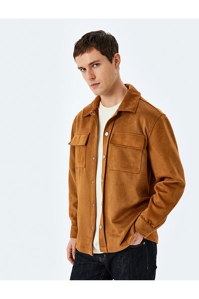 Koton Regular Fit Faux Suede Shirt Jacket with Flap Pocket Detail