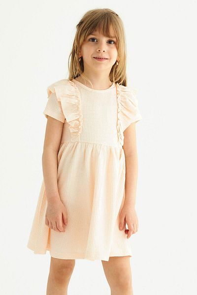 zepkids Crew Neck Ruffled Waist Gathered Ecru Color Girl's Dress