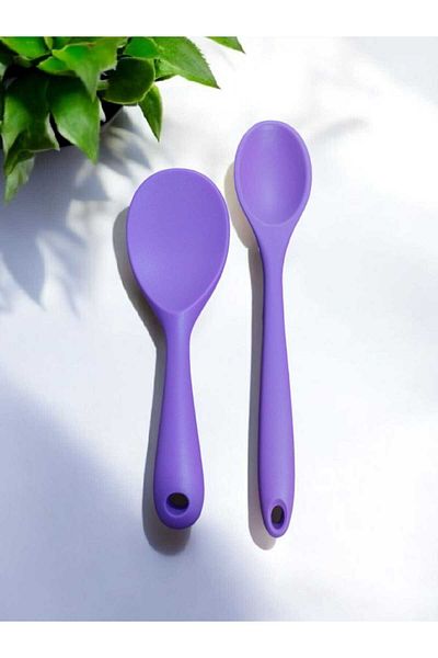 elfnur Silicone Long Spoon 28 cm and Short Spoon 22 cm / 2 Pieces Fireproof Non-Slip Cool