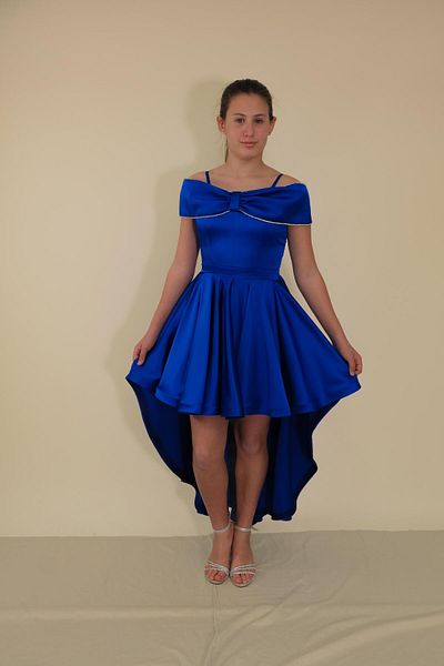 BUTİKHAPPYKİDS Girl's Evening Dress Sax Blue Satin Ribbon Collar Off Shoulder Strap Front Short Tailed Evening Dress 10-15 Y