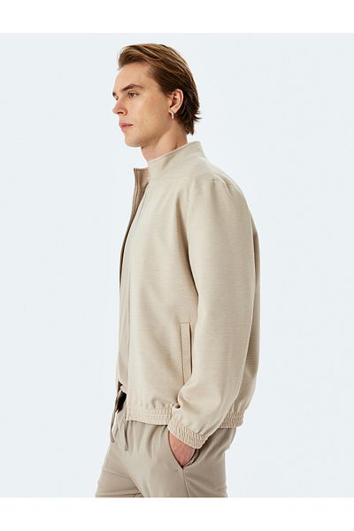 Koton Zippered Viscose Blended Pocket Detailed Pique Fabric Stand Collar Jacket