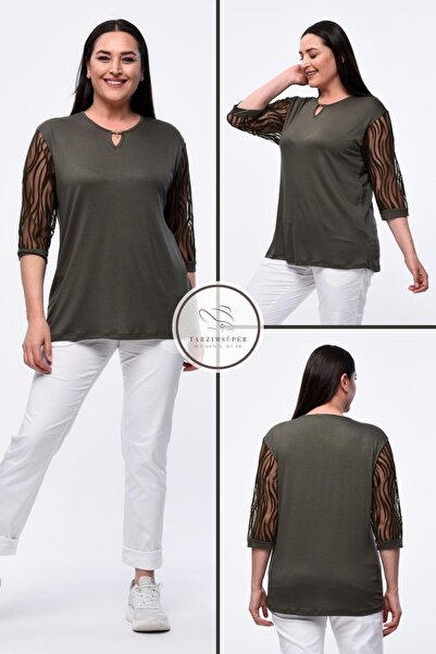 tarzımsüper Μεγάλο μέγεθος Νέας σεζόν Δαντελένια μανίκια Βραδινό φόρεμα Μοντέλο κοντό μανίκι 4 σεζόν τούλι Λεπτομερής Mother Elegant μπλούζα