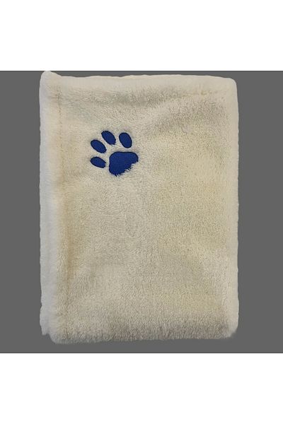 ULUBEN Cat Dog Blanket Ecru White - Navy Blue Paw Embroidered - Wellsoft Premium Fluffy Fabric