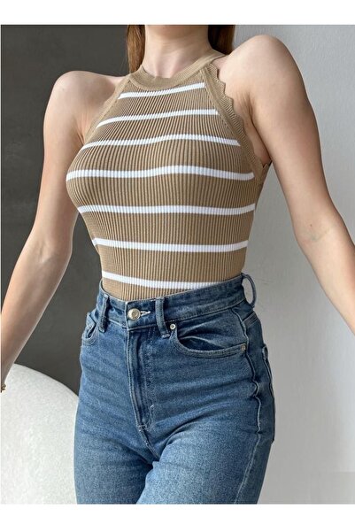 bayansepeti Πλεκτό Ύφασμα Βολάν Αμάνικη Ριγέ Μπλούζα 0298