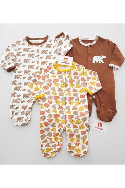 ilkimbebe 100% Cotton Sweet Bear 3-Piece Baby Rompers