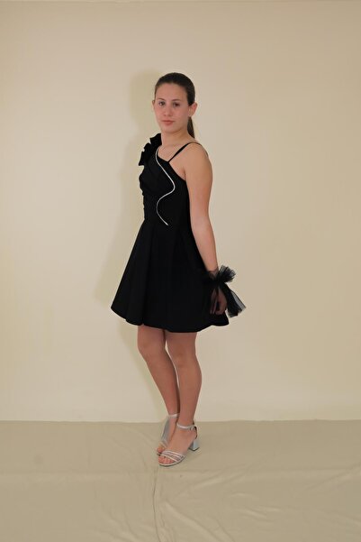 BUTİKHAPPYKİDS Rochie de seară pentru fete, cu bretele negre, țesătură creponată, cu un singur umăr, cu volan, cu dungi de piatră și tul, cu mănuși, scurte