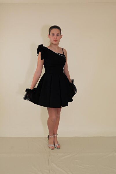 BUTİKHAPPYKİDS Rochie de seară pentru fete, cu bretele negre, țesătură creponată, cu un singur umăr, cu volan, cu dungi de piatră și tul, cu mănuși, scurte