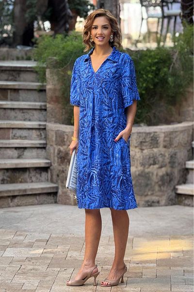 Nevin Kaya Moda Rochie din bumbac 100% viscoză cu model de frunze albastre