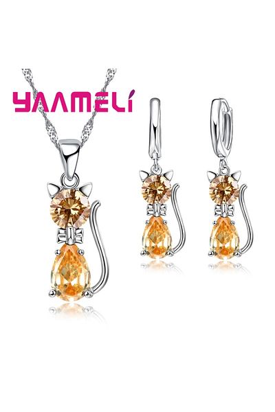 Choice Yellow Real 925 Sterling Silver Color Jewelry Sets for Woman Girls Shining Austrian Crystal Cute Cat