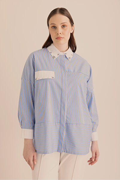 Aker Mavi Çizgili Cotton Taş Işlemeli Gömlek