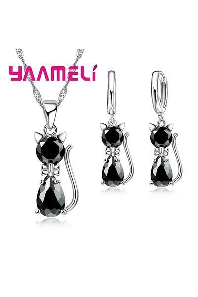 Choice Black Real 925 Sterling Silver Color Jewelry Sets for Woman Girls Shining Austrian Crystal Cute Cat