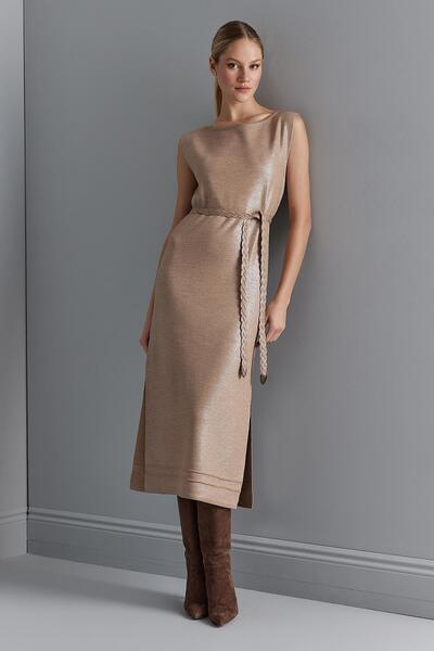 JOIN US Gold Varak Baskılı Kuşaklı Triko Elbise