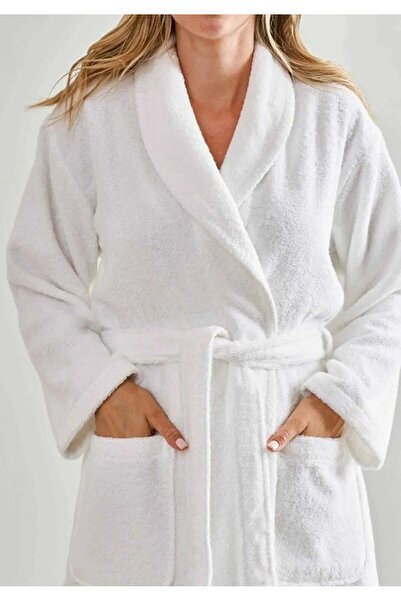 Lucy and Home Λευκό μπουρνούζι Unisex γιακά με σάλι μπαμπού