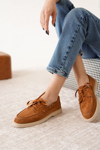 Moda Değirmeni Tan Suede Γυναικεία Flat Lace Up Loafer παπούτσια MD1065-113-0001