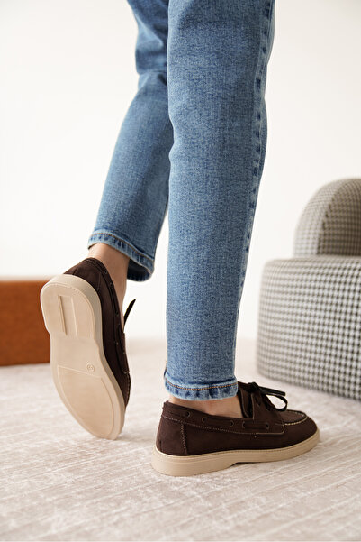 Moda Değirmeni Коричневі замшеві жіночі плоскі мокасини на шнурівці MD1065-113-0001