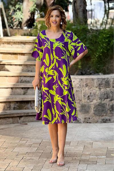 Nevin Kaya Moda Μωβ Gardenia Boat Neck Φόρεμα από 100% βαμβακερή βισκόζη