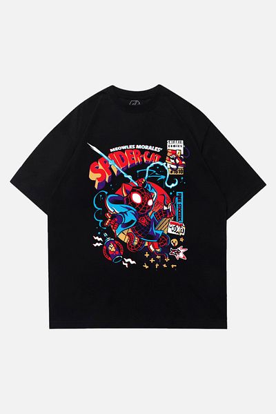 EFBUTİK Μαύρο Unisex Vintage Spider-cat T-Shirt