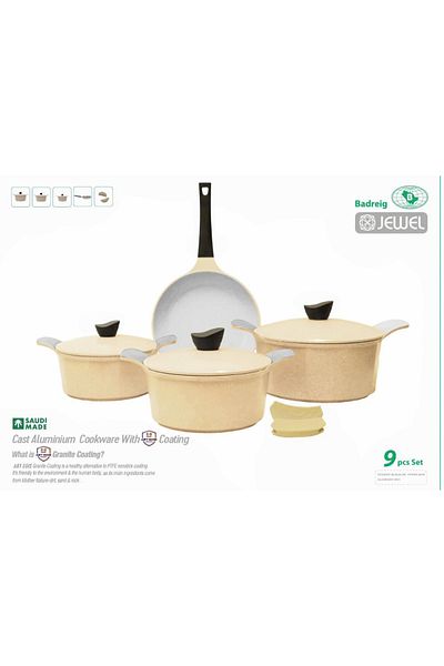 badreig Jewel 9 Piece Ceramic Coated Cookware Set IVORY |Made in Saudi