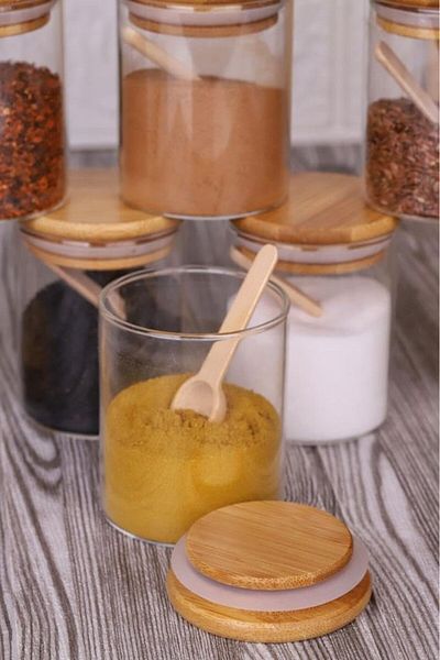 emdeco Set of 6 Bamboo Lids Spice Shakers with Label + Spoon Gift 200 ml