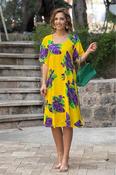 Nevin Kaya Moda Rochie din viscoză din bumbac 100% cu model de trandafir galben violet