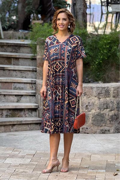 Nevin Kaya Moda Βαμβακερό φόρεμα με μοτίβο Navy Blue Kilim με λαιμόκοψη