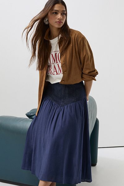 Stradivarius Denim Midi Skirt In Two Materials Limited Edition