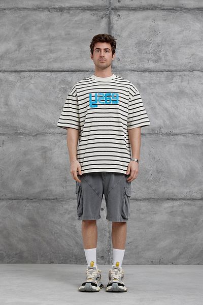 NOMARC Κρεμ Y269 Μπλουζάκι με στάμπα και ρίγες Oversize