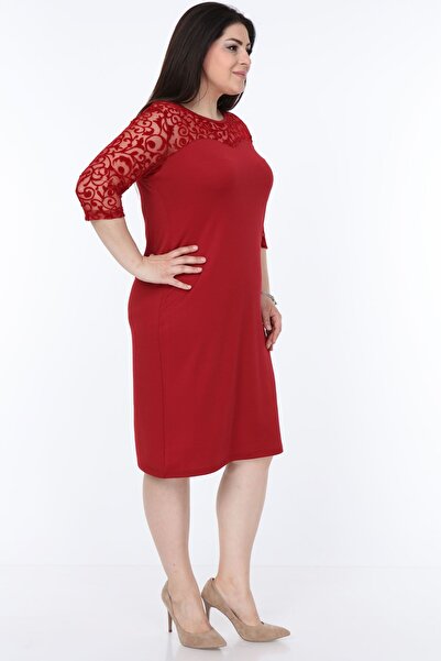 modayız Burgundy Flocked Plus Size Dress 26C-1030