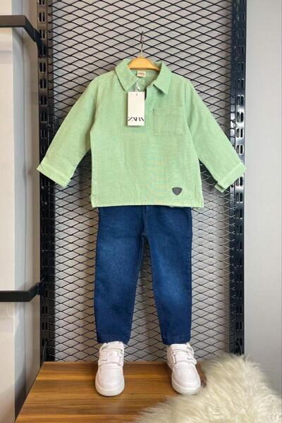cgboutiquestylekids Pistachio Green Muslin Shirt & Navy Blue Stonewashed Jean...
