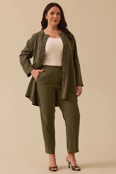 Gala-Xi Galaxi Women's Large Size Waist Half Elastic Pocket Pants 4004 Khaki