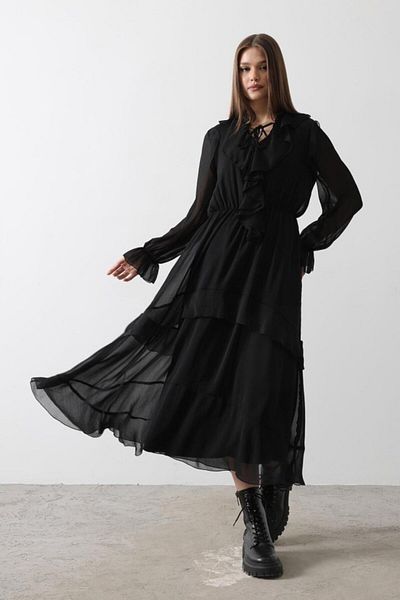 MRA Fashion    Ruffle Detailed Chiffon Dress - Black