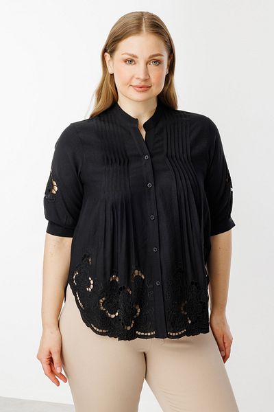 Ekol Women's Large Size Lace Embroidered Pleated Blouse 3902 Black