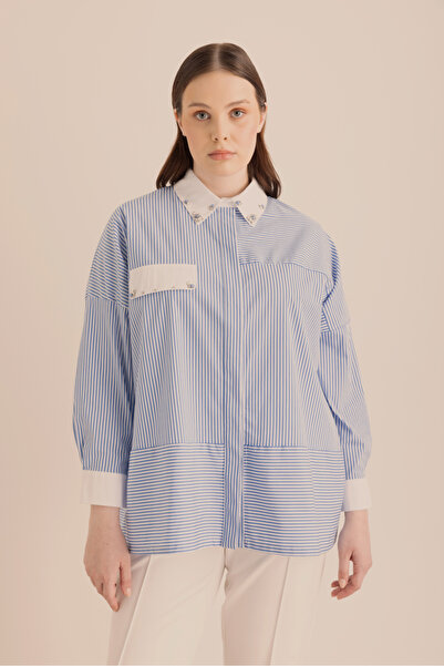 Aker Mavi Çizgili Cotton Taş Işlemeli Gömlek