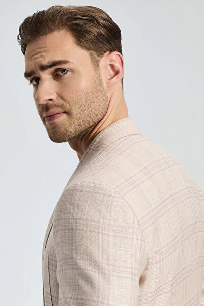 Hemington İpek-Yün Karışım Ekose Desenli Gül Kurusu Blazer Ceket