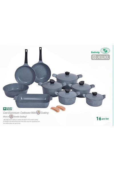 badreig Jewel 16 Piece Ceramic Coated Cookware Set GRAY |Made in Saudi