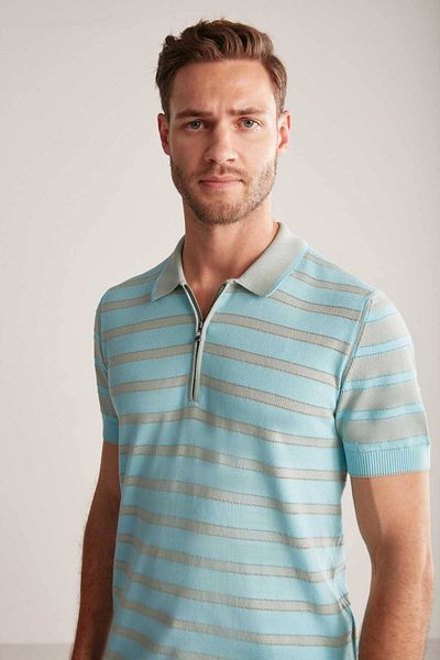 Hemington Zipper Detailed Stripe Pattern Turquoise Knitwear Polo