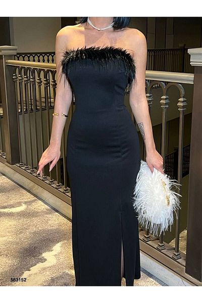 sarebutik Black Plush Feather Detailed Black Dress Slit Evening Dress